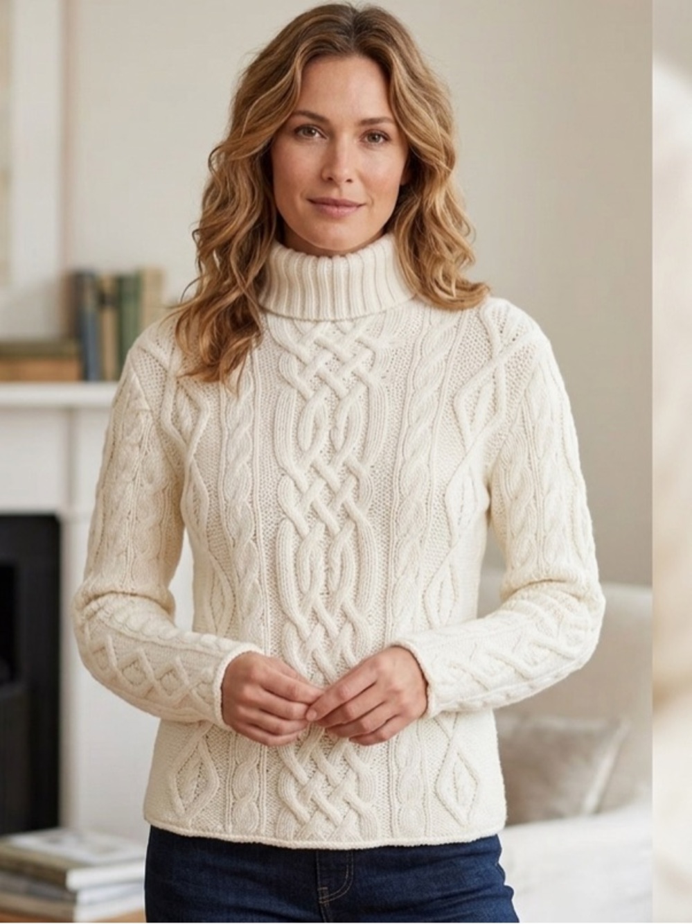 Harold’s Cable Knit Fisherman Turtleneck Sweater Ivory Rolled Bottom Cotton M